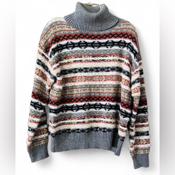 Shop Stevie Ladi Striped Gray & Brown Knit Turtleneck Sweater/Med - Picture 2 of 6